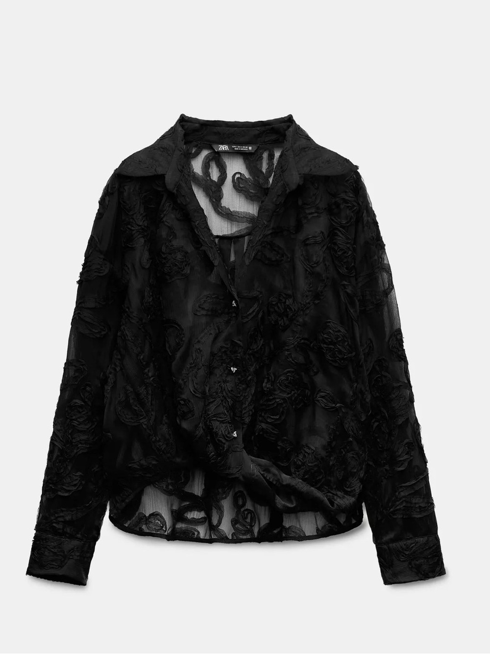 Zara Black Sheer Floral-Appliqué Button Blouse